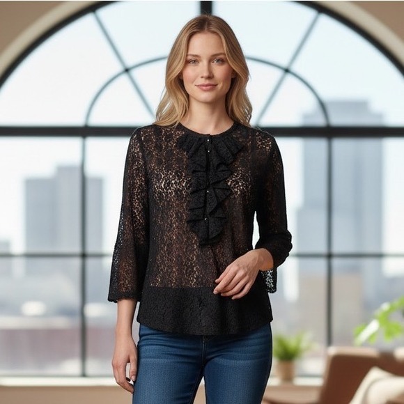Ralph Lauren Tops - Lauren Jeans Co Ralph Lauren Blouse L‎ Black Lace Ruffle Front Romantic Goth